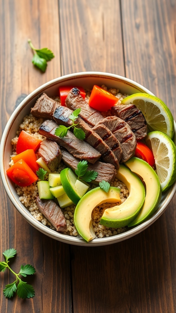 A delicious steak quinoa bowl with grilled steak, quinoa, cherry tomatoes, cucumber, and avocado on a wooden table.